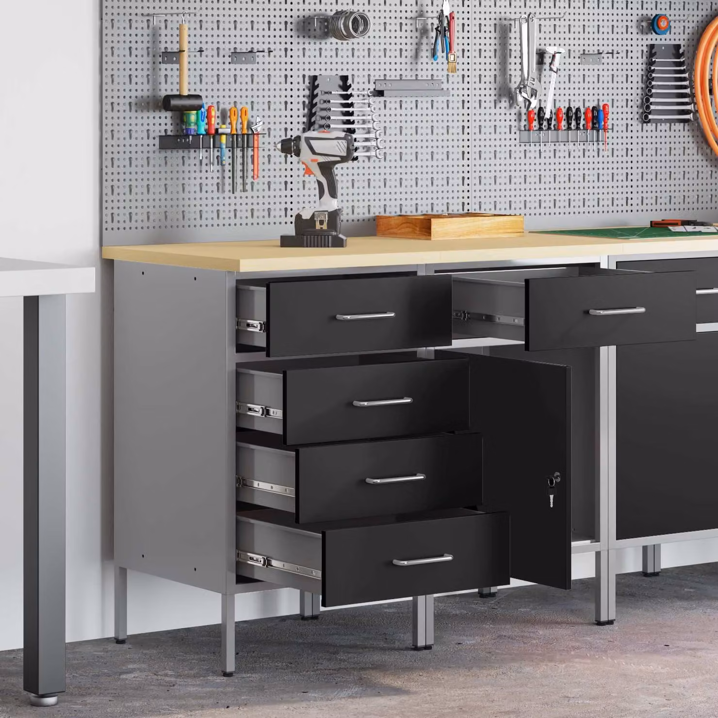 Set di 2 carrelli da lavoro mobili vidaXL in acciaio, Nero e Grigio, L 100 x P 55 x H 85 cm