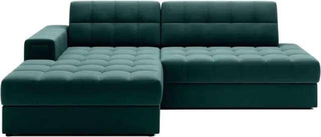Divano angolare convertibile CUBITO MEUBLORAMA verde con letto e contenitore, modello moderno a forma di L con lato sinistro, L/P/H: 240 x 150 x 82 cm