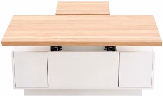 Tavolino moderno per soggiorno con doppio sistema di sollevamento, vano contenitore nascosto – capacità di carico fino a 50 kg, colore bianco e legno
