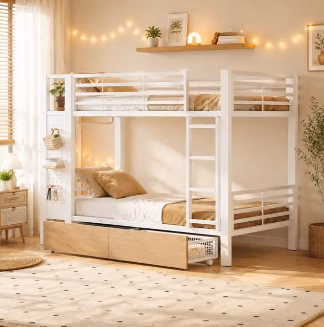 Letto a castello 90x200 cm in MDF e metallo bianco con LED; 2 cassetti e vano appendiabiti