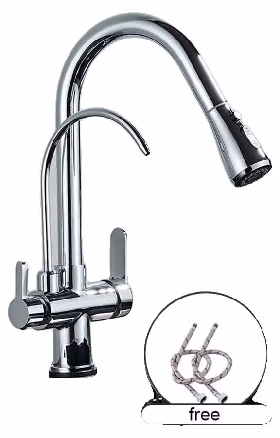 Rubinetto per filtro dell'acqua, a due maniglie, con erogatore estraibile, finitura cromata