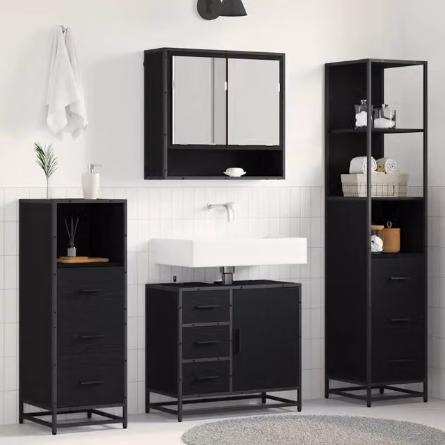Set di mobili da bagno vidaXL nero 4 pezzi con armadietto specchio, mobile lavabo, mobile laterale e colonna alta, L/P/H: 65 x 33 x 60 cm – 1
