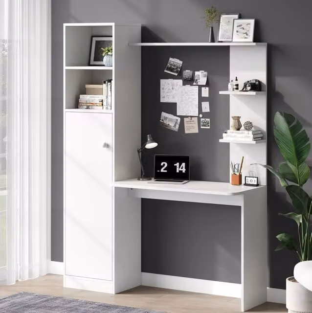 Scrivania ULEVR 123,5x45x168,5 cm con armadietto e ripiani aperti, MDF bianco