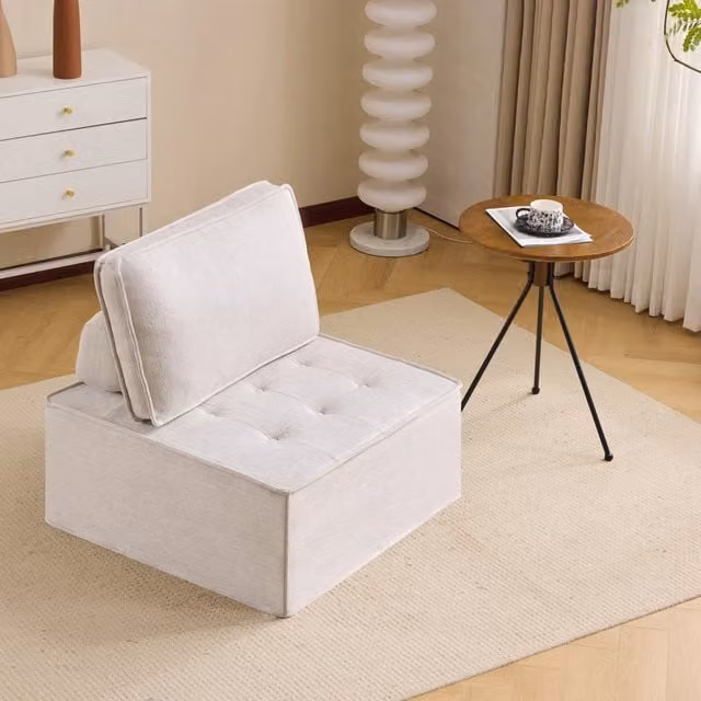 Divano modulare OKWISH in tessuto beige con struttura in legno e design minimalista