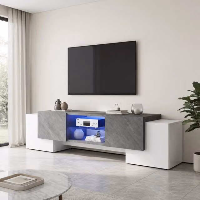 Cassettiera TV moderna KOMHTOM in MDF con vetro e illuminazione integrata, bianca e grigia, L: 180 cm, P: 40 cm, H: 46,5 cm – 1