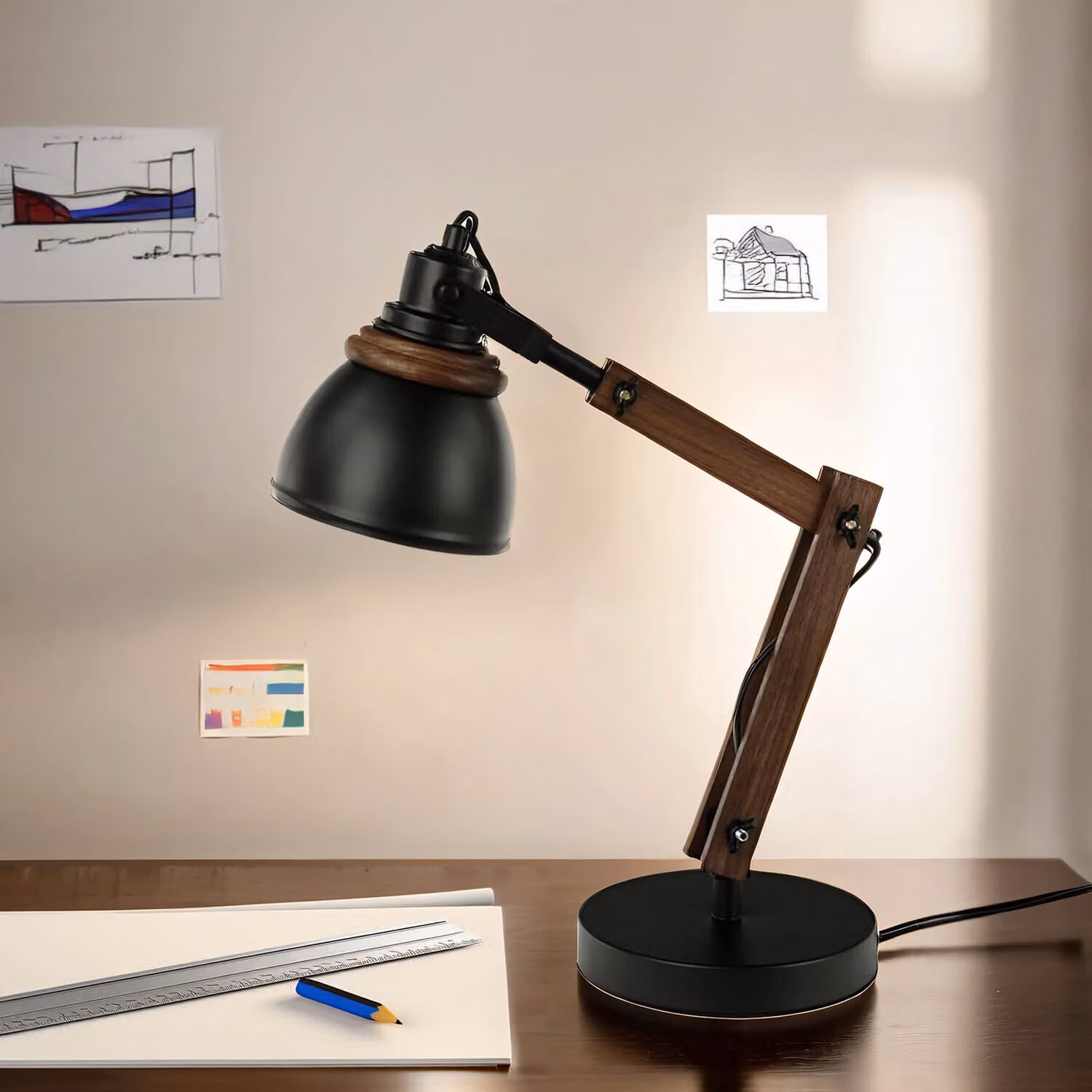 Lampada da tavolo nero naturale regolabile 52 cm legno metallo design retrò E14 lampada da tavolo NOAH