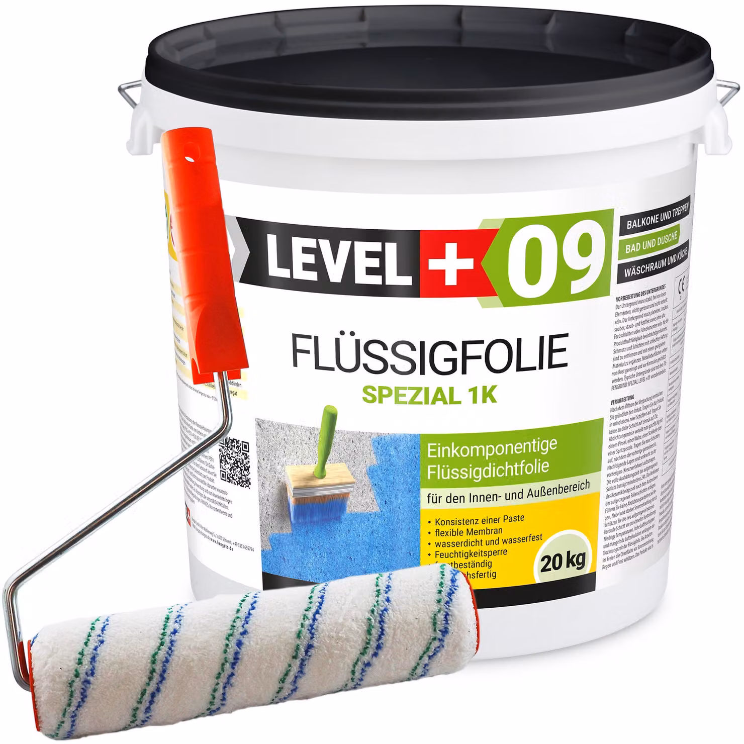 Set di rulli da pittura 25 cm + Membrana impermeabilizzante liquida flessibile Balcone Bagno 20 kg LEVEL PLUS 09