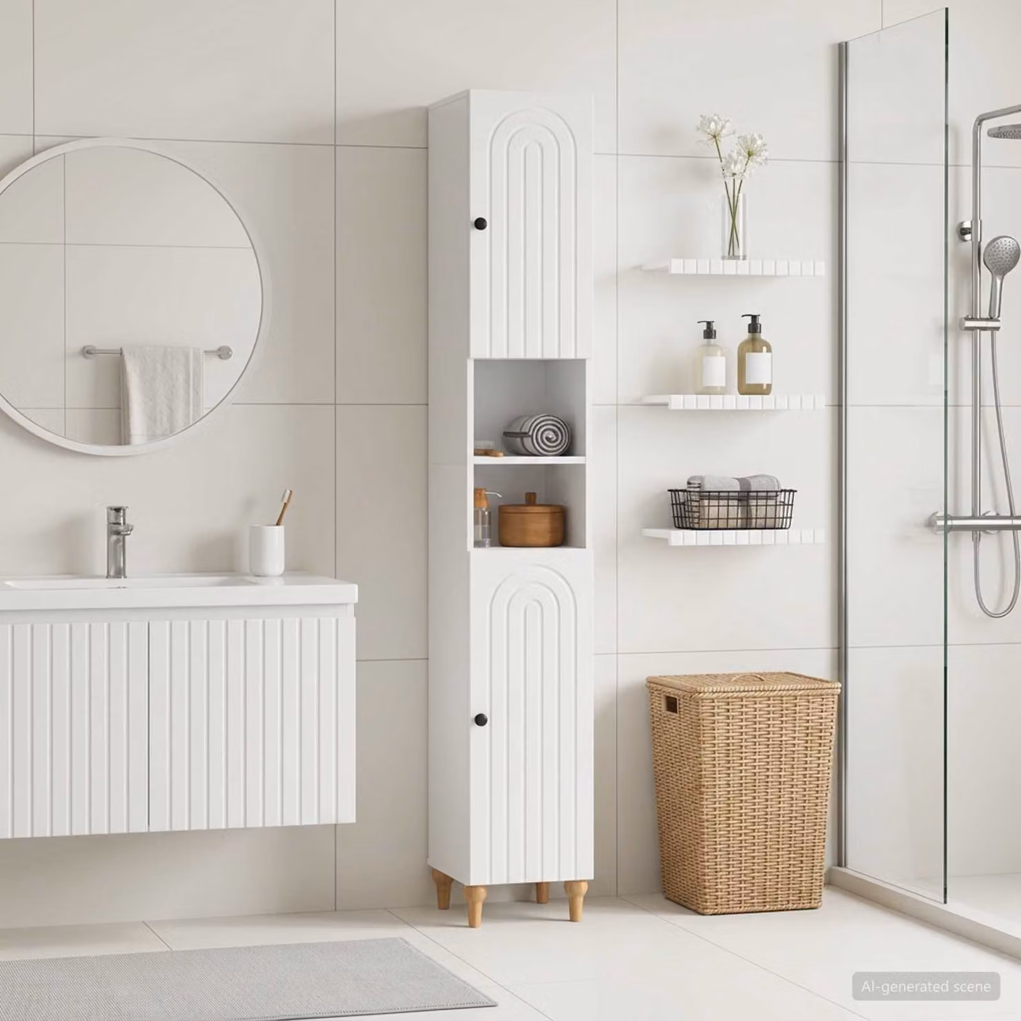 vidaXL Armadio da Bagno Moderno con Ante a Battente e Ripiano Aperto Bianco Lucido L/P/H: 30 x 23,5 x 190 cm