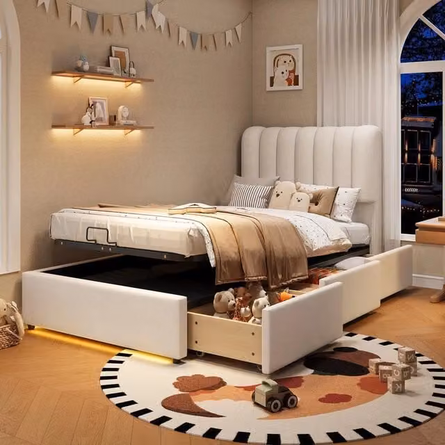 Letto imbottito contenitore con cassetti LED ¨C Minimal ¨C Velluto beige 90x200 cm