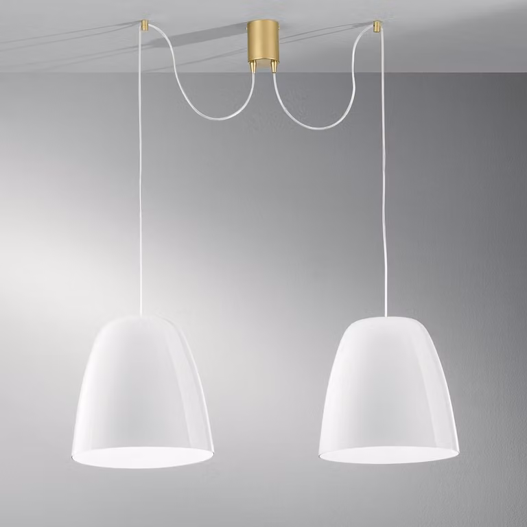 Lampada a sospensione ARES in metallo dorato con due diffusori in vetro bianco
