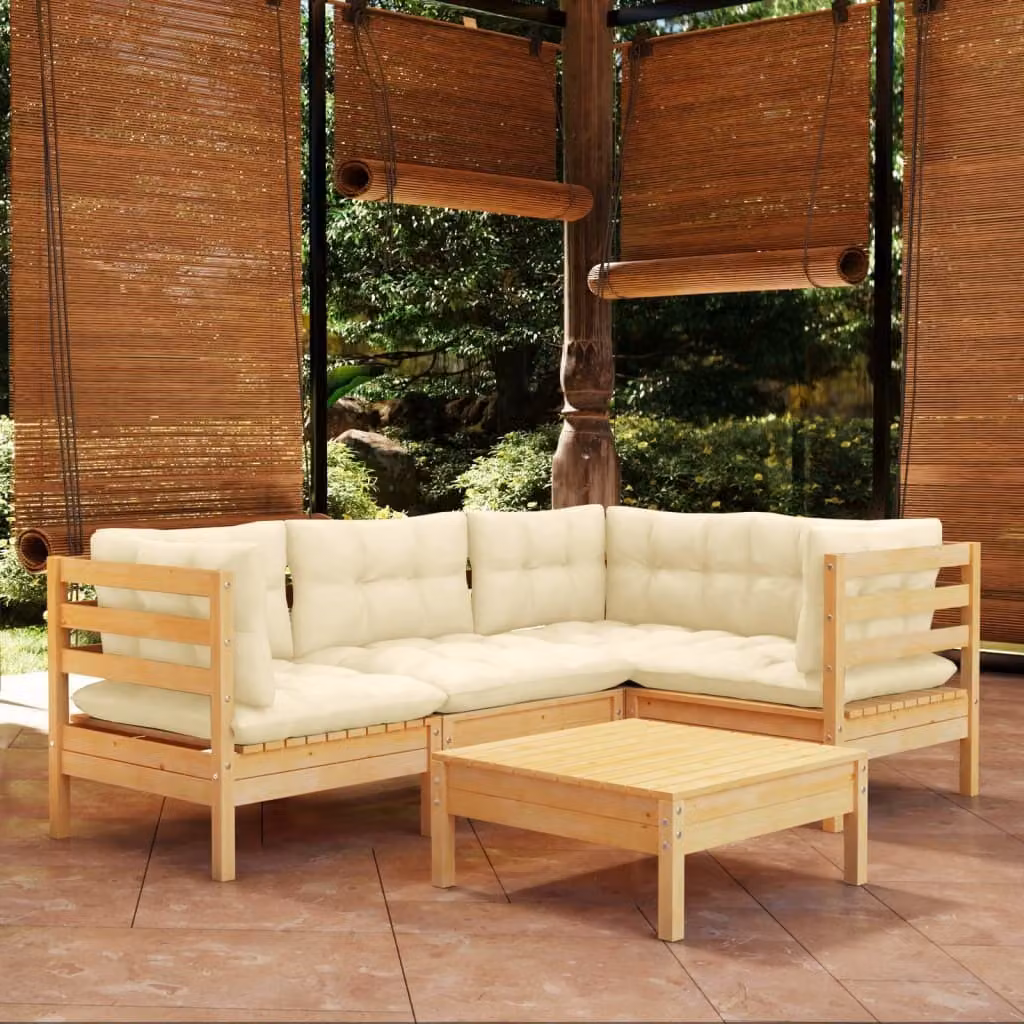 The Living Store Set salotto da giardino 5 pezzi con cuscini crema legno di pino