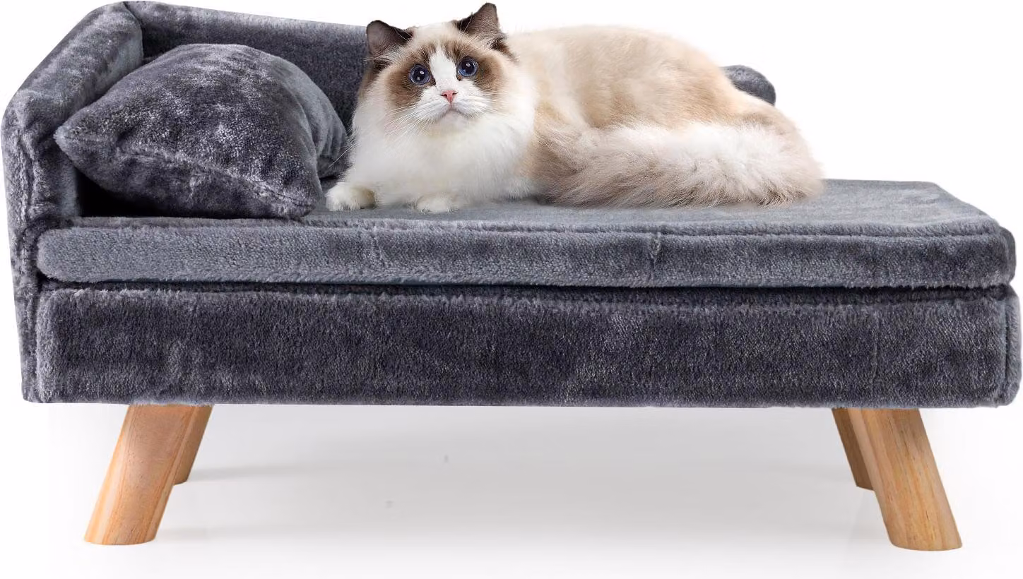 COSTWAY divano per gatti  letto rialzato per gatti, divano per gatti con 2 cuscini rimovibili, schienale e gambe in legno, poltrona per gatti divano per cani divano per animali domestici grigio