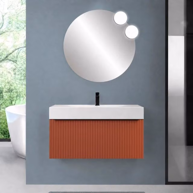 Mobile bagno sospeso 100 cm terracotta con un cassetto e lavabo alto in resina Nara