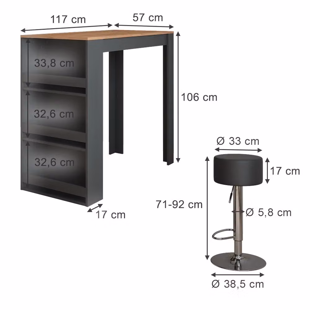 Set Tavolo da Bar con 2 Sgabelli Vicco Repose Rovere, Oro e Antracite, L: 117 cm, P: 57 cm, H: 106 cm – 2