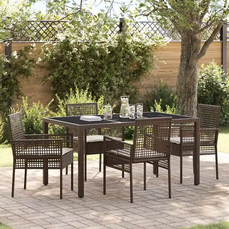 Set da pranzo per giardino e terrazzo vidaXL in polyrattan marrone con tavolo rettangolare in vetro e 5 sedie