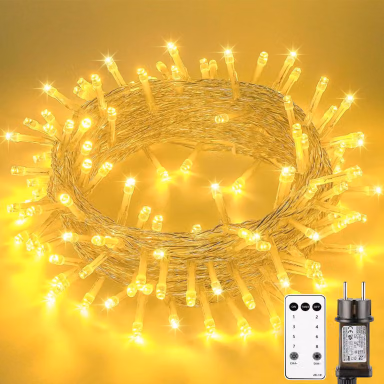 Catena luminosa da 20 metri, 200 LED bianco caldo, 8 modalità, grado di protezione IP44, con telecomando