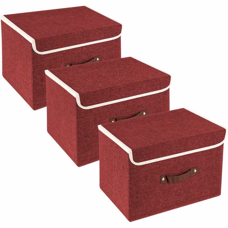 Contenitore pieghevole con coperchio, in tessuto, lavabile, confezione da 3 pezzi, colore rosso vino, dimensioni 38x25x25 cm