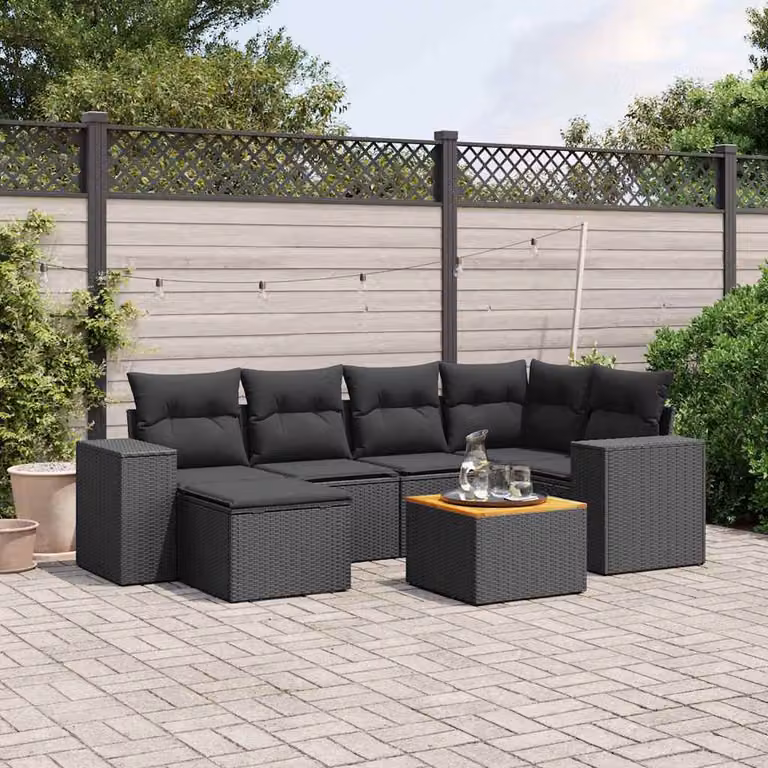 Set di Divani da Giardino vidaXL a Forma di L con 7 Pezzi e Cuscini, Polyrattan Nero e Struttura in Metallo