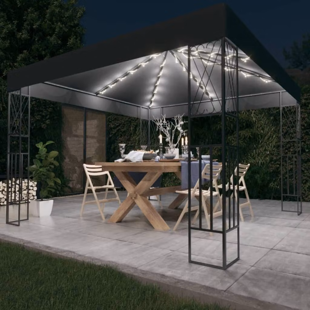 Padiglione The Living Store con ghirlanda luminosa a LED, 3x3 m, tessuto antracite