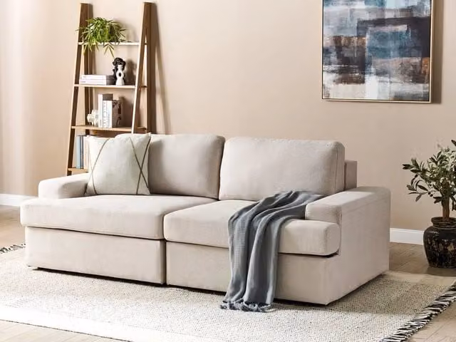 Divano Classico a 3 Posti BELIANI in Tessuto Beige con Struttura in Legno Massello per Soggiorno L: 208 cm, P: 86 cm, H: 62 cm – 1