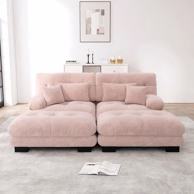 Divano angolare Cloud - Xylo - 2 posti in chenille con 2 cuscini lombari e 2 pouf, rosa
