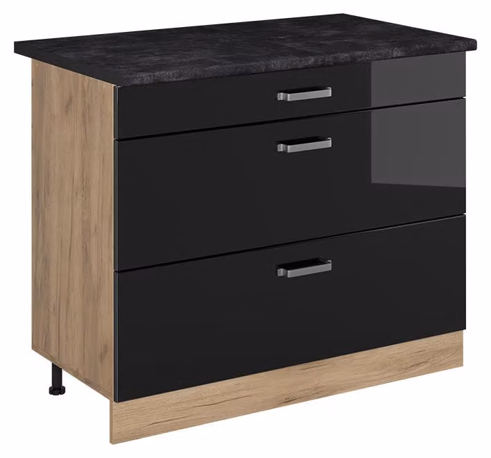 Mobiletto base per cucina Vicco R-Line Nero lucido/Rovere dorato 100 cm piano di lavoro Antracite, Model 71644
