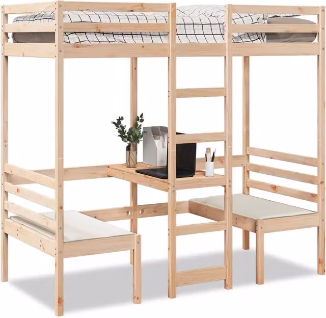 Giroletto Soppalco con Scrivania e Sedie-Struttura Letto 80x200cm Legno Pino