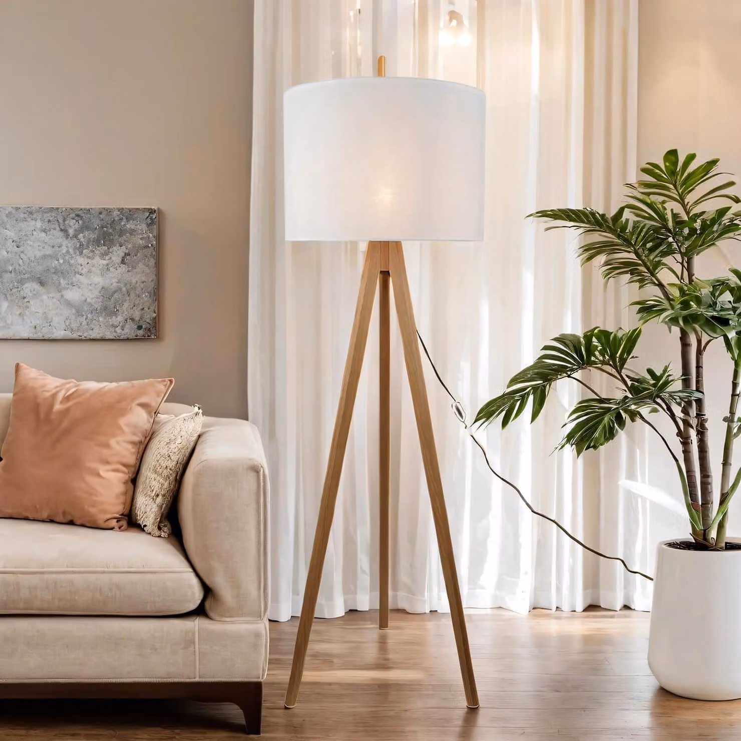 Lampada da terra in metallo tessuto 145 cm Treppiede pino bianco E27 Scandinavo