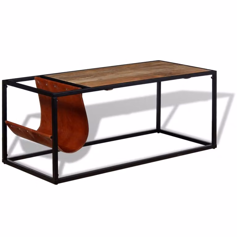 vidaXL Tavolino con portariviste in vera pelle 110x50x45 cm
