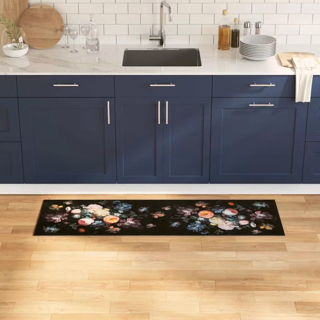 vidaXL Tappeto da Cucina Moderno in Viscosa Nero L: 150 cm, P: 45 cm, Antiscivolo e Lavabile