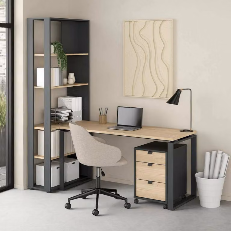 Dmora Scrivania Etienne 79.6x184.2x204.7h cm Grigio, 4 Vani un Cassetto