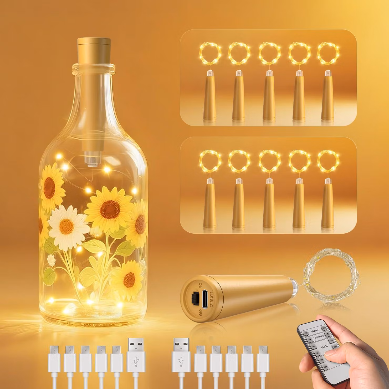 Catena luminosa con tappi di sughero, confezione da 10 pezzi, lunghezza 2 metri, 20 LED, telecomando USB, timer