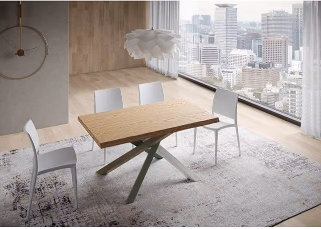 Tavolo fisso rettangolare Itamoby in legno Rovere con bordo live edge e telaio a X, Multicolore, L: 140 cm, P: 90 cm, H: 75 cm