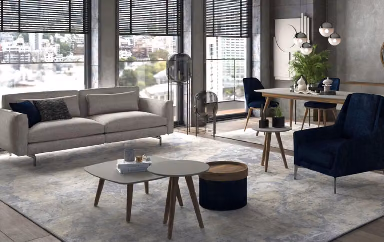 Modernes Wohnzimmerset Dreisitzer Sessel Couchtische Textilmöbel