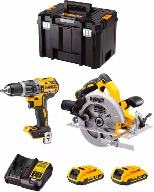 Kit DeWALT DWK203 con avvitatore DCD796, seghetto DCS570, 2 batterie da 2,0 Ah e sistema TSTAK VI, colore giallo