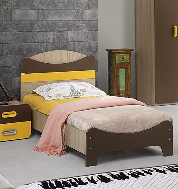 Bett mit Kopfteil Modernes Design Farbakzente Gelb Braun Kinderzimmer Möbel