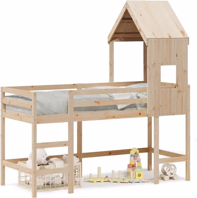 Letto singolo | Letto per adulti | Letto Soppalco con Scala e Tetto 80x200 cm Legno Massello Pino