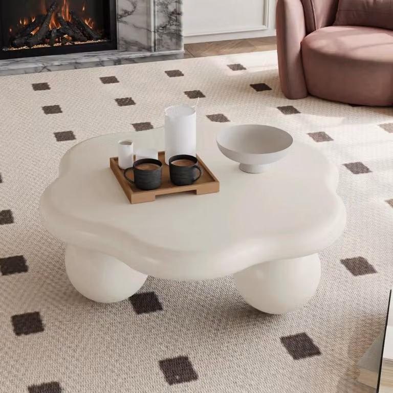 Tavolino da caffè a forma di nuvola - 80 cm - Piano del tavolo a forma di petalo - Gambe sferiche - Materiali: MDF e plastica - Adatto ai bambini e agli animali domestici - Colore: bianco