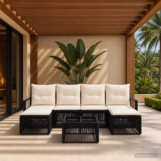 Set da giardino vidaXL composto da 7 pezzi in rattan nero con struttura in metallo e cuscini inclusi – 1