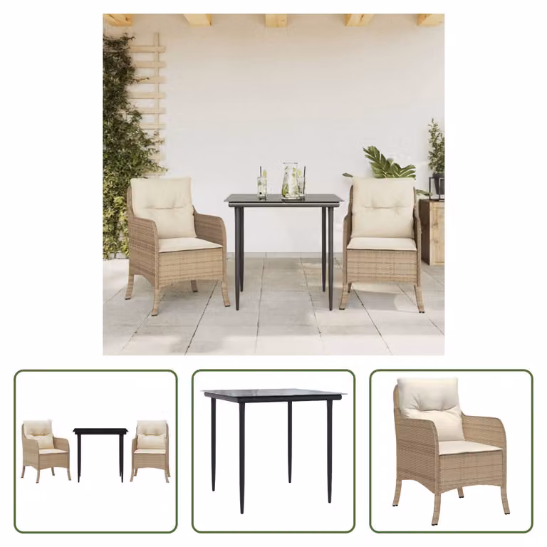 The Living Store Set da pranzo da giardino 3 pezzi con cuscini Beige poly rattan