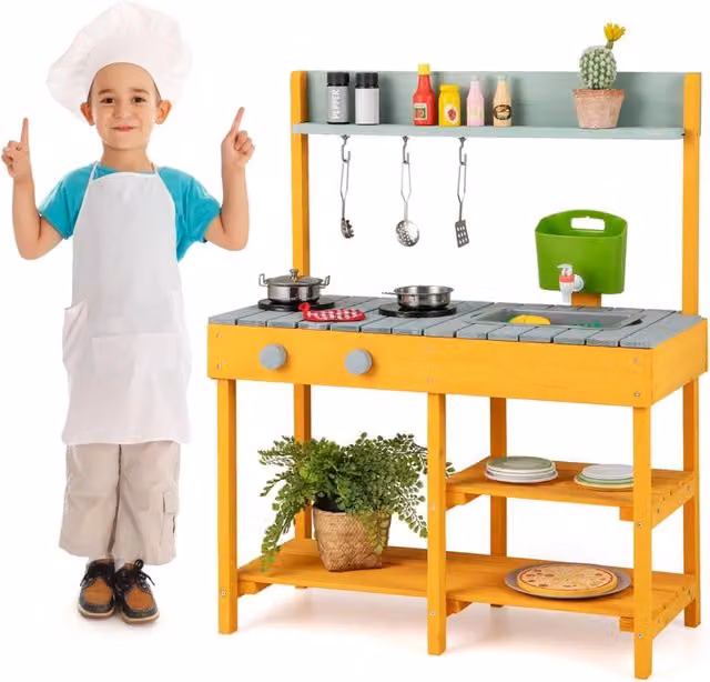Cucina giocattolo da esterno Design Mania in legno con serbatoio d'acqua e rubinetto realistico, colori blu e giallo, L: 92 cm, P: 36 cm, H: 75 cm