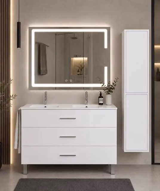 Mobile bagno con lavabo ORIGENBATH RIBERA senza specchio 120x45 cm doppio lavabo bianco con colonna