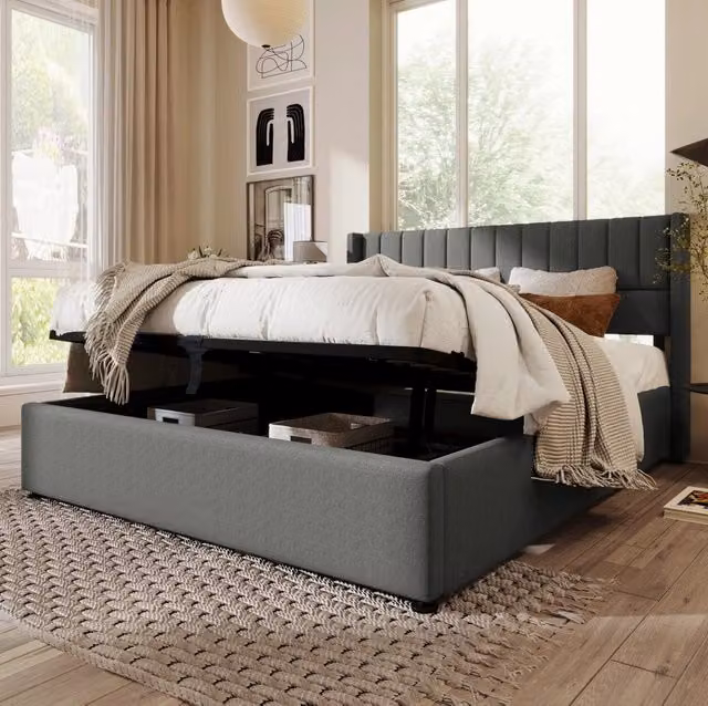 Letto Contenitore Matrimoniale 140x200cm con Rete a Doghe in Legno e Tela, Grigio, Sollevamento Idraulico