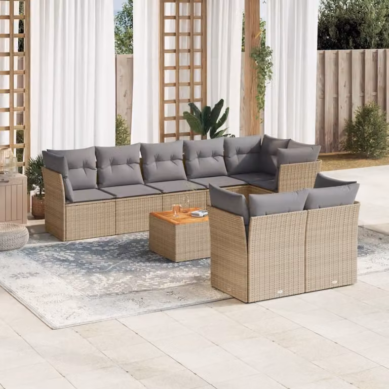 vidaXL Set Divano da Giardino 9 pz a L con Cuscini Beige e Tavolino in Polyrattan e Acciaio