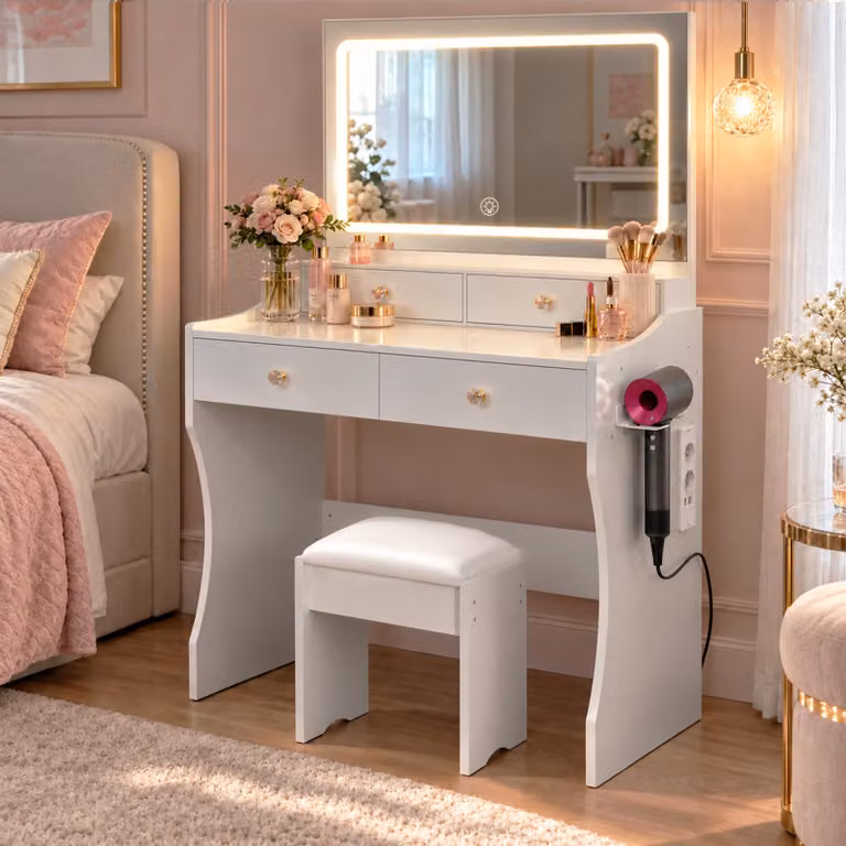 Toeletta bianca con sgabello e lampada LED a 3 colori; tavolo da trucco con specchio e 4 cassetti, 90x40x135 cm, con luminosità regolabile