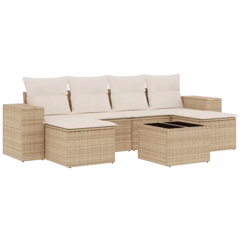 Set da giardino moderno vidaXL composto da 7 pezzi con divano a L, poltrone, pouf e tavolino da caffè in rattan con cuscini beige e struttura in metallo – 2