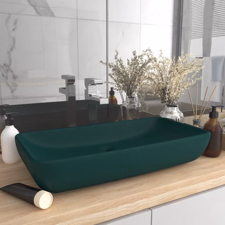The Living Store Lavabo Rettangolare Verde scuro opaco 71x38 cm Vetroceramica