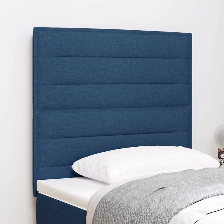 Testiera per letto moderna vidaXL in tessuto blu con struttura in legno di pino, L: 128 cm, H: 70 cm, P: 10 cm