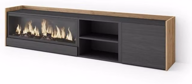 Mobile TV Soggiorno, 212x50x35 cm, Per TV fino a 80", Camino elettrico XXL, Nero e rovere