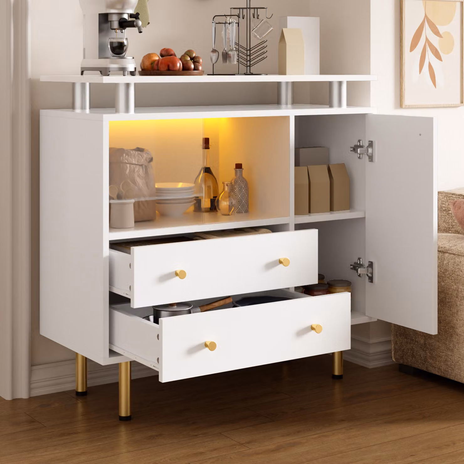 okwish, mobile bar bianca moderna con illuminazione a LED e ante scorrevoli in vetro, pensile per soggiorno con cassetti e maniglie in metallo, ideale per il soggiorno